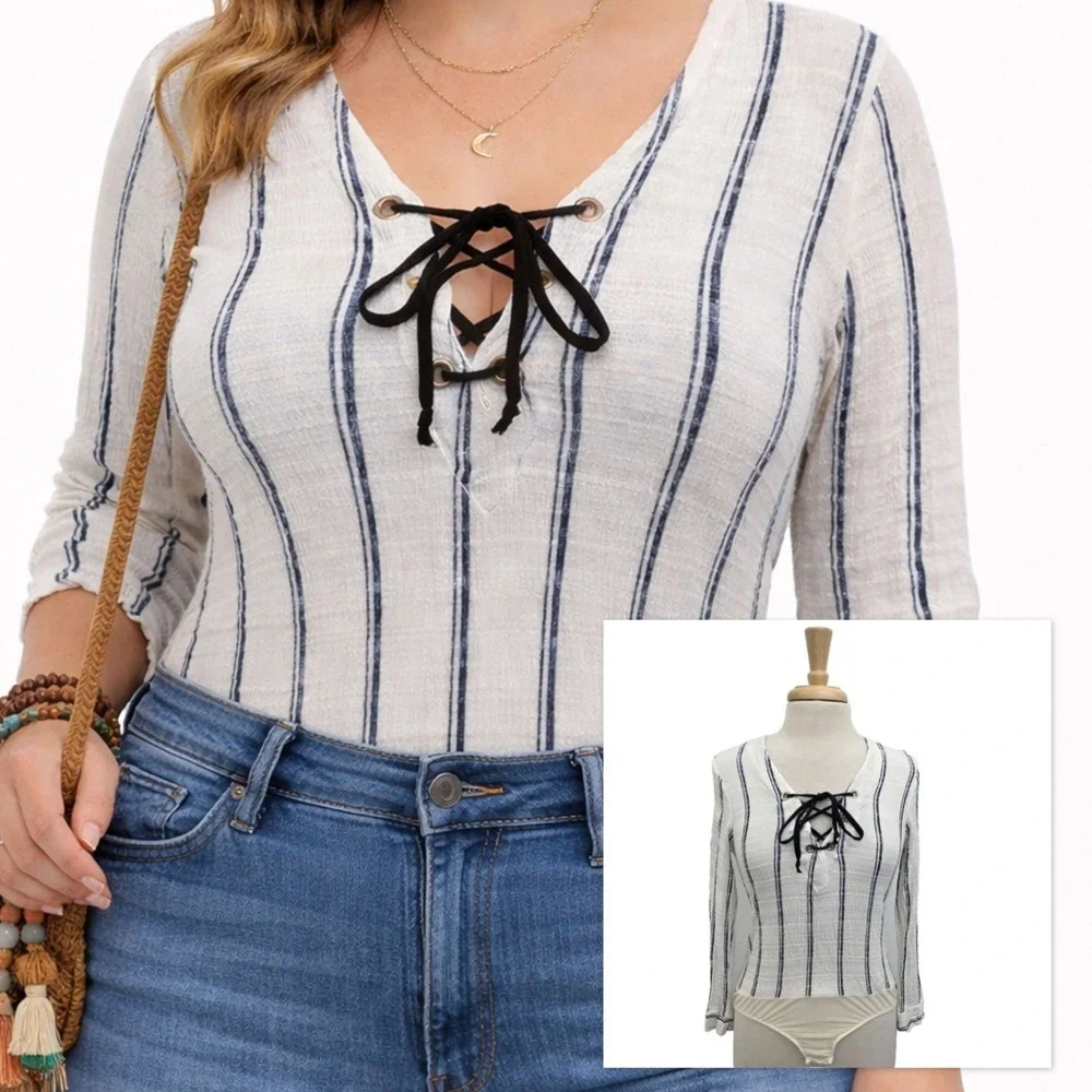 Free People Intimately Womens S Bodysuit Lace Up Striped Long Sleeve Boho Casual